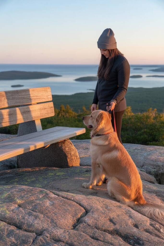 Dramatic sunrise atop Cadillac Mountain: medium dog on leash standing on pink granite, Atlantic islands and light beams, owne