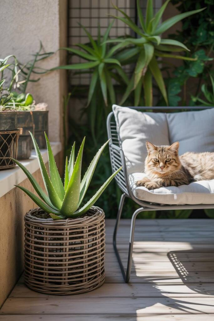 Aloe vera plant by a sunny window with a cat lounging nearby. herbs that are safe aloe vera for pets