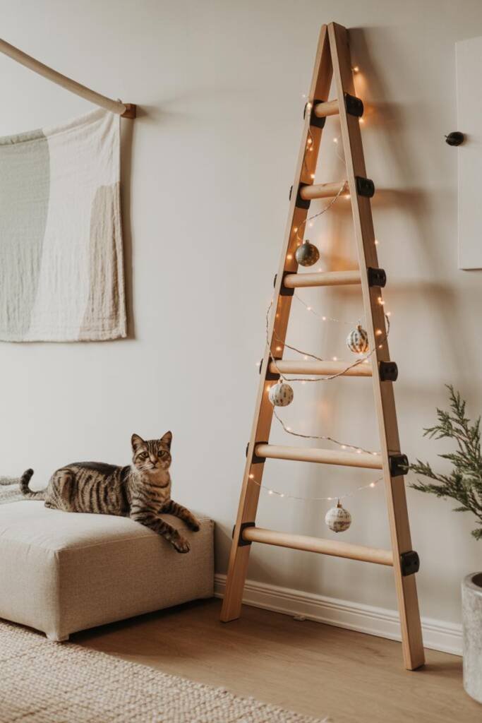 Pinterest vertical 2:3. Design-forward wall-mounted string-light tree in geometric outline with shatterproof ornaments OR min