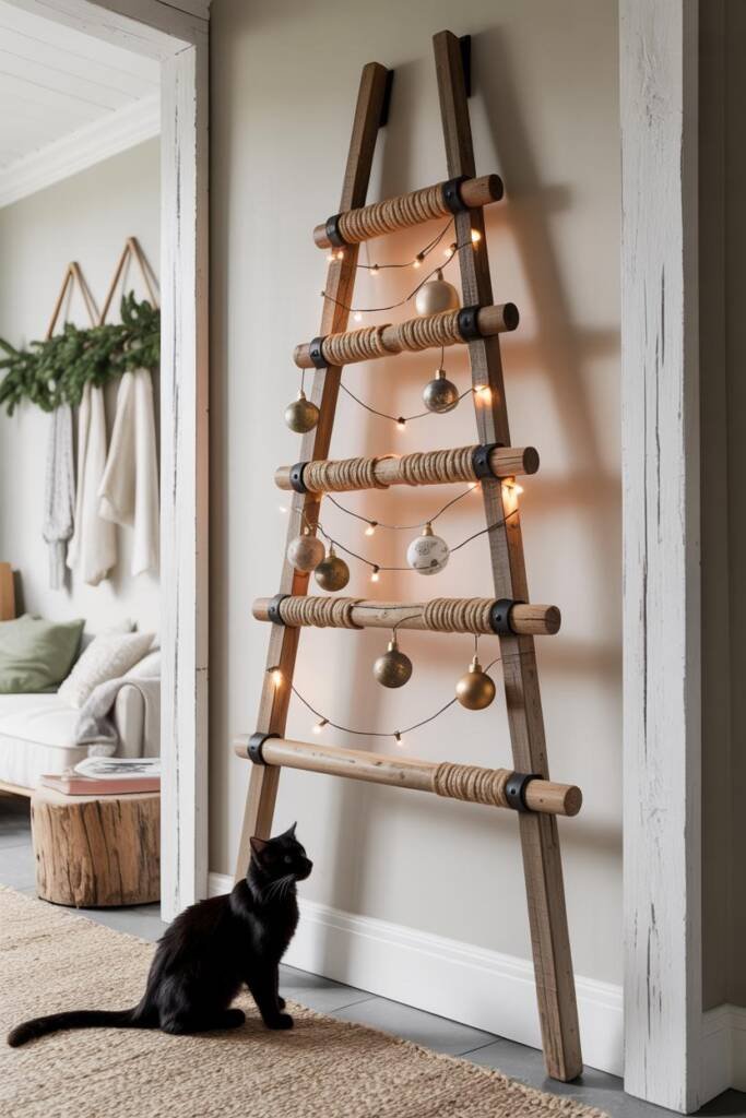 Pinterest vertical 2:3. Design-forward wall-mounted string-light tree in geometric outline with shatterproof ornaments OR min