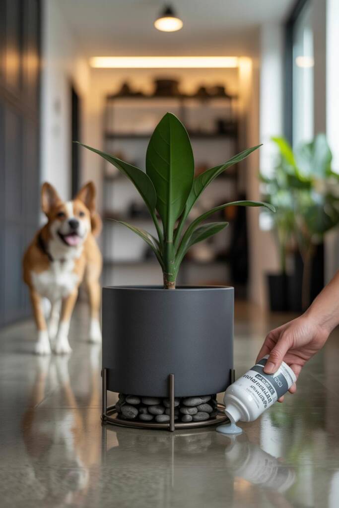 Vertical 2:3 floor planter being stabilized with hidden barbell plates/river-rock sacks inside base; close-up of hand applyin