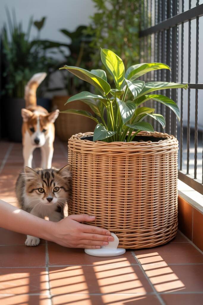 Vertical 2:3 floor planter being stabilized with hidden barbell plates/river-rock sacks inside base; close-up of hand applyin