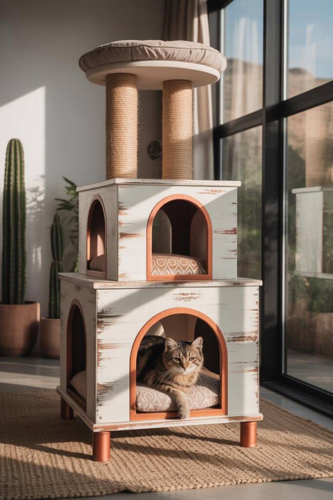 Pinterest vertical (2:3). Photorealistic cat tree inspired by Moroccan cat lounge cat trees: repeated keyhole arches, mini ri