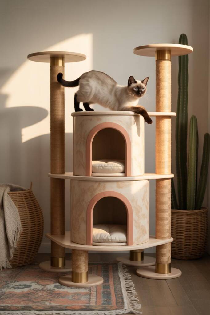 Pinterest vertical (2:3). Photorealistic cat tree inspired by Moroccan cat lounge cat trees: repeated keyhole arches, mini ri