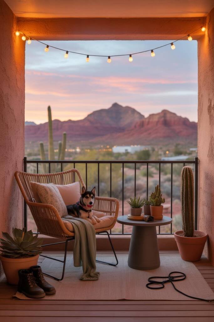 Husky on sandstone ledge in Sedona at golden hour; red rocks glowing; saguaro silhouette on horizon; owner’s boots and leash