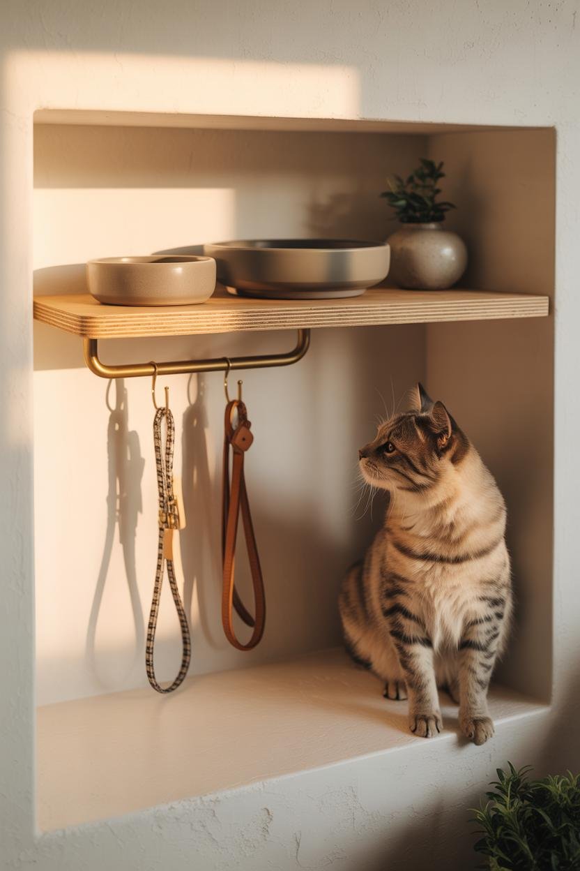 Wall niche with floating oak shelf styled with hand-thrown ceramic bowls and a minimalist raised feeder at pet height (6–8 in