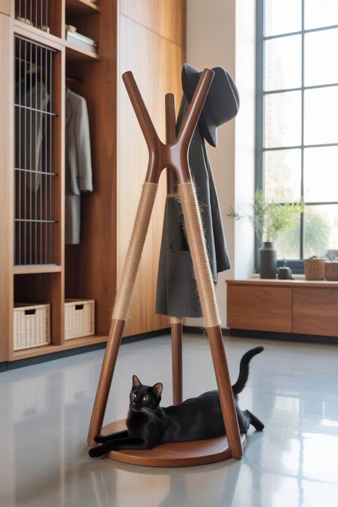 Vertical 2:3 photo of a sculptural geometric coat stand in a modern living room; sisal wrapped on select arms; statement coat