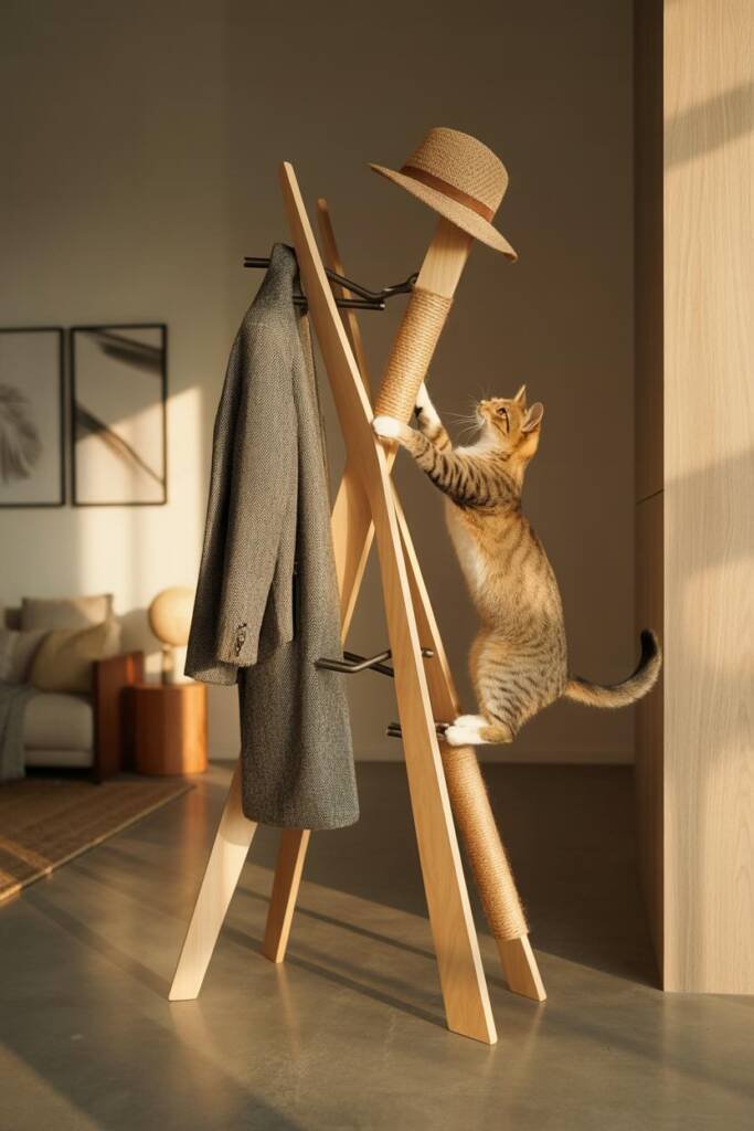 Vertical 2:3 photo of a sculptural geometric coat stand in a modern living room; sisal wrapped on select arms; statement coat