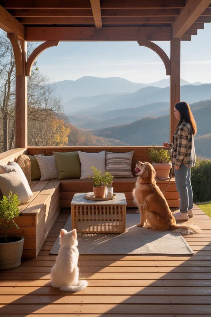 Vertical travel poster style of a golden retriever at a Blue Ridge overlook in Asheville during golden hour; misty layered mo