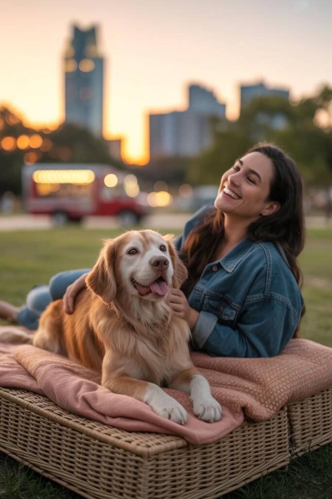Sunset at Zilker Park: carefree dog mid-air catching a frisbee, Austin skyline glowing, food trucks in bokeh, owner laughing