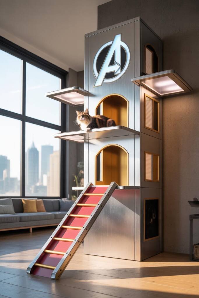 Vertical 2:3 photorealistic image of a tall silver-gray cat tower shaped like a futuristic skyscraper. Top panel features a l