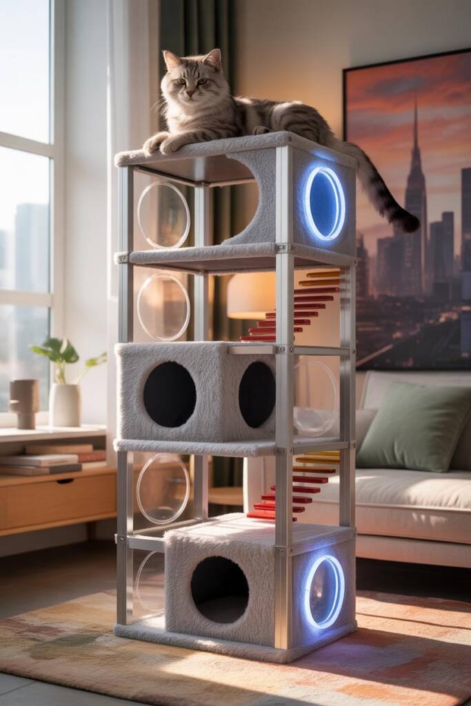 Vertical 2:3 photorealistic image of a tall, multi-level cat tower shaped like a futuristic skyscraper, inspired by Avengers