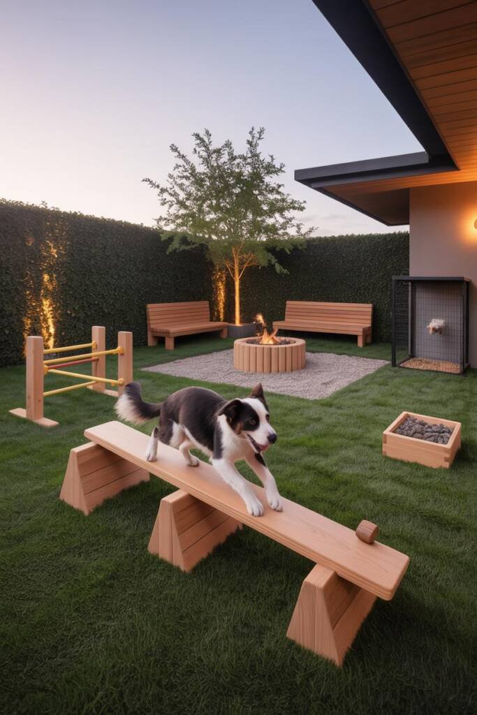 Vertical 2:3, split-depth yard: small agility tunnel/cones on one side, seating + circular fire pit on the other; border hedg