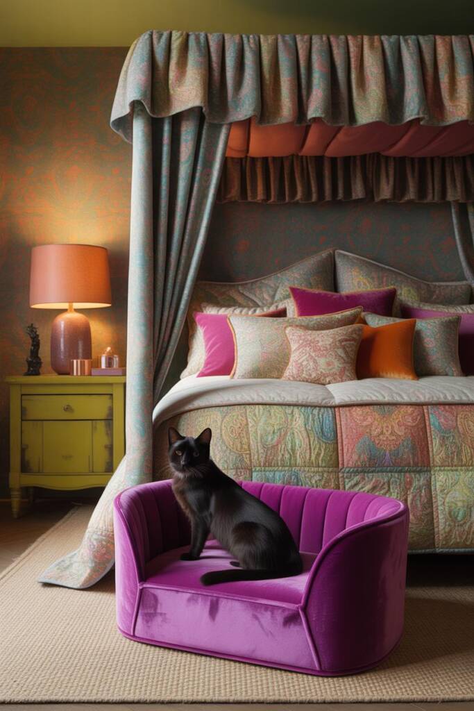 Bold bedroom with patterned wallpaper, canopy bed dressed in layered quilts and pillows (paisley + floral mix). A velvet pet