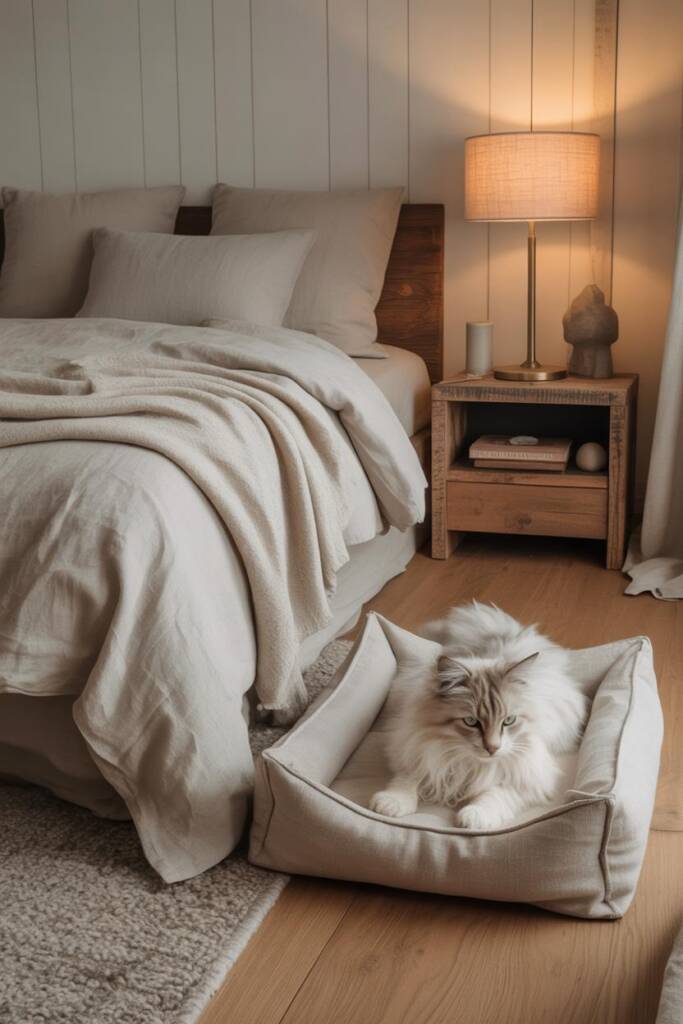 Minimalist bedroom with whitewashed walls, pale oak floor, and soft gray linen bedding. Linen pet bed at bed’s foot, multifun