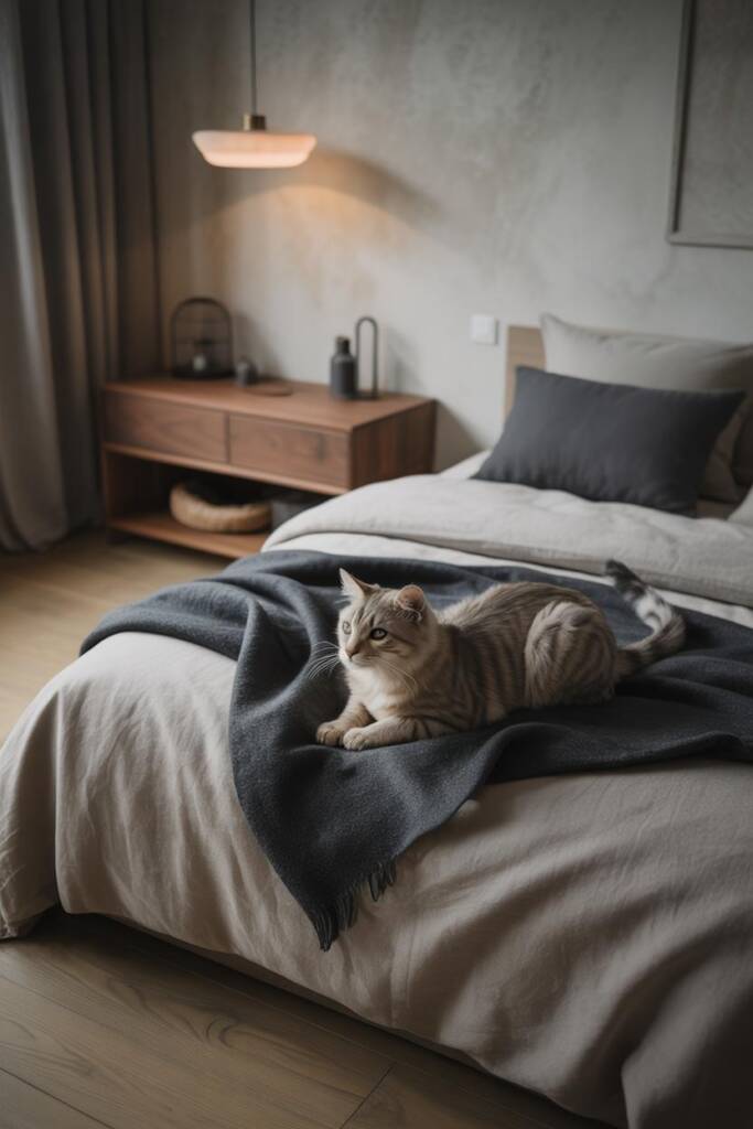 Minimalist bedroom with whitewashed walls, pale oak floor, and soft gray linen bedding. Linen pet bed at bed’s foot, multifun