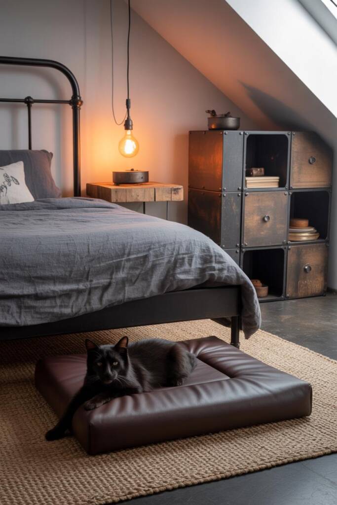 Loft bedroom with black metal bedframe, linen charcoal duvet, and reclaimed-wood nightstands. A dark brown faux-leather pet l