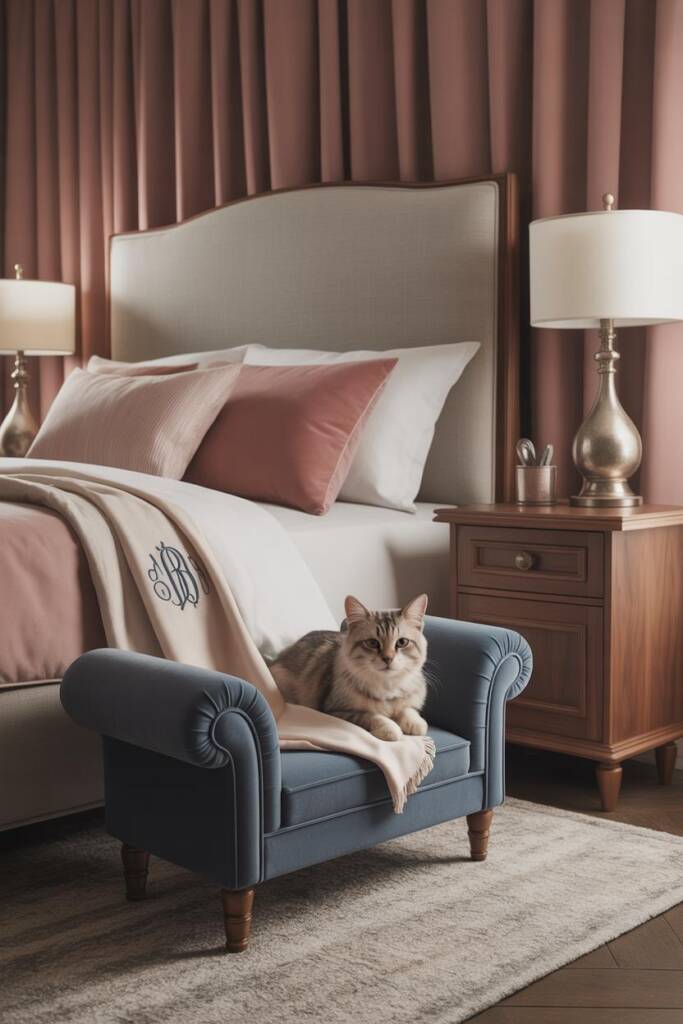 Traditional bedroom with upholstered headboard, silk drapery, and antique brass sconces. A miniature rolled-arm pet chaise in
