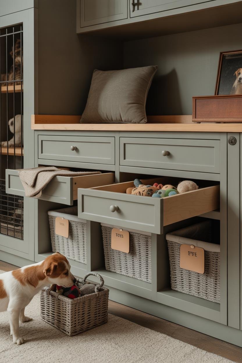 Built-in base cabinetry in greige with full-extension drawers at knee height; open drawer shows felt-lined sections for dog t