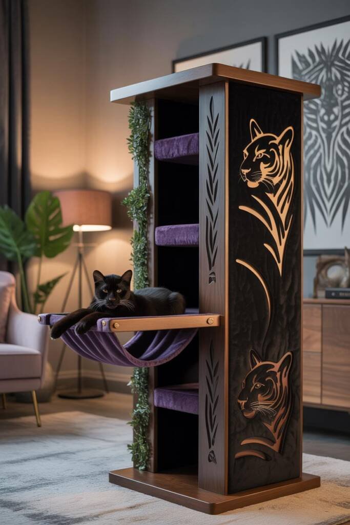 Vertical 2:3 photorealistic image of a regal jungle-inspired tower. Dark carved wood posts with tribal geometry, rich purple