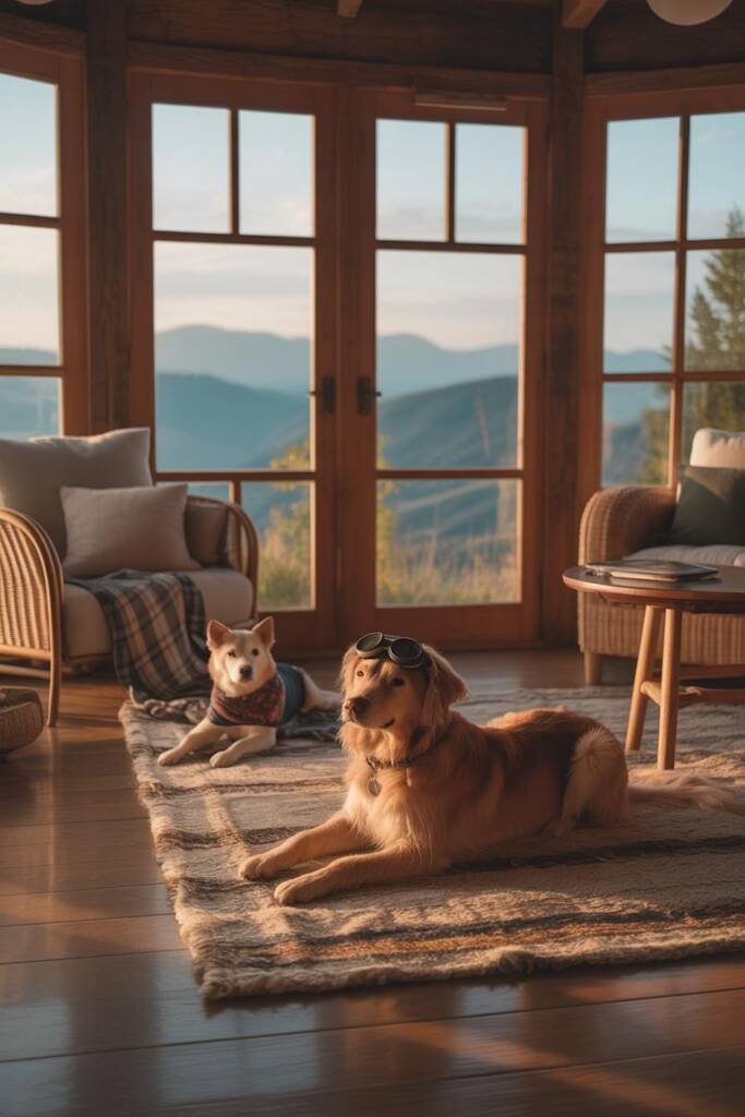 Convertible parked at a mountain overlook; medium dog with travel goggles and bandana, plaid picnic blanket, layered blue rid