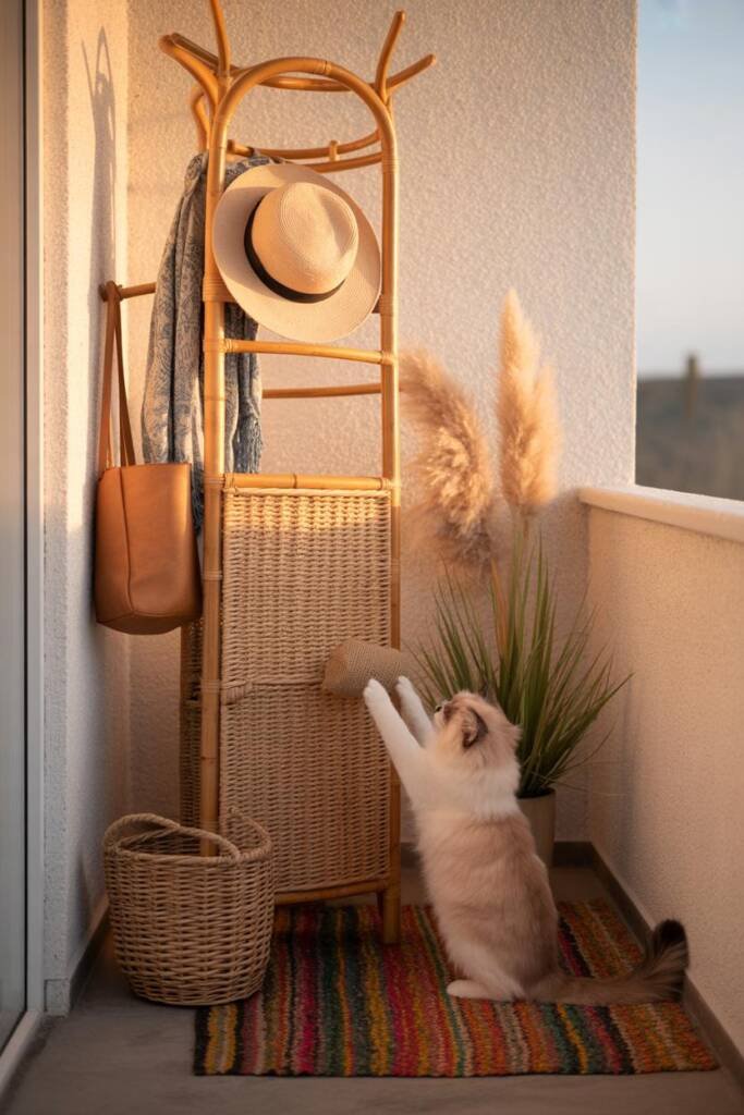 Vertical 2:3 image of a rattan coat stand with woven jute wrap on the lower half; straw hat and leather tote on hooks; colorf