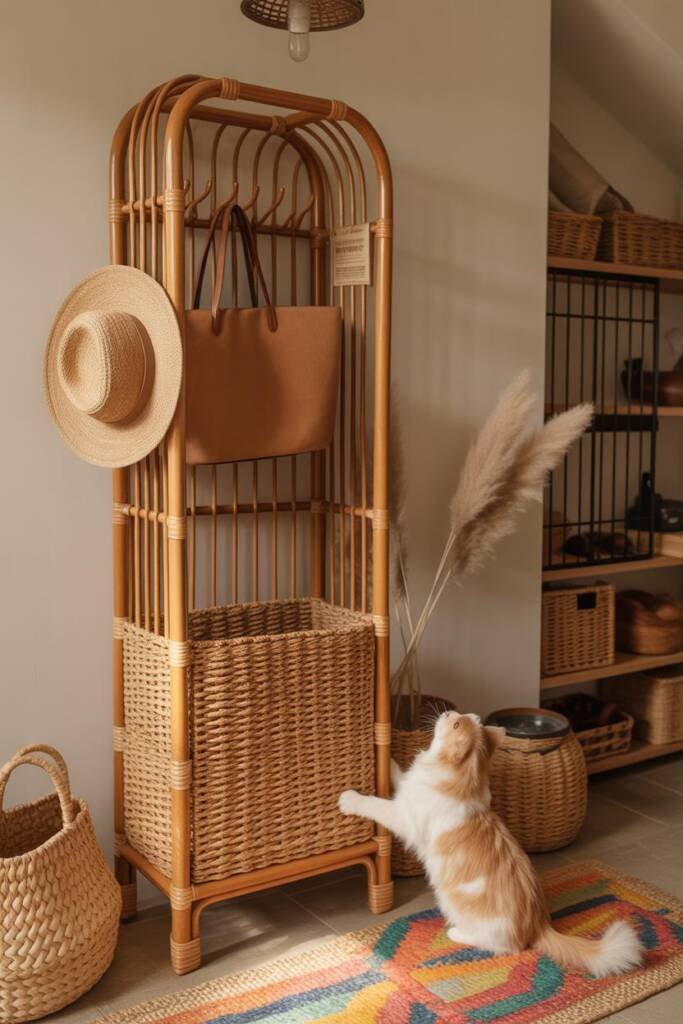 Vertical 2:3 image of a rattan coat stand with woven jute wrap on the lower half; straw hat and leather tote on hooks; colorf