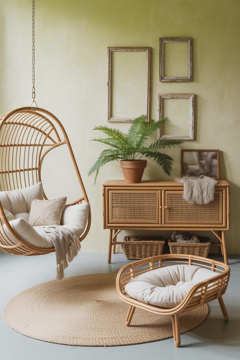 A sunlit sitting area with a rattan lounge chair, rattan sideboard, and a matching oval rattan pet bed on slim legs; cushions