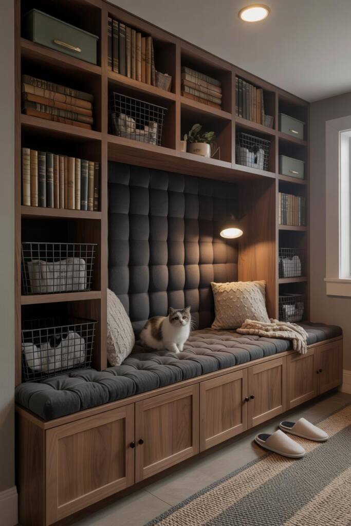 Photorealistic vertical 2:3; low, long bookcase topped with a tufted bench cushion; books and baskets in side cubbies; center