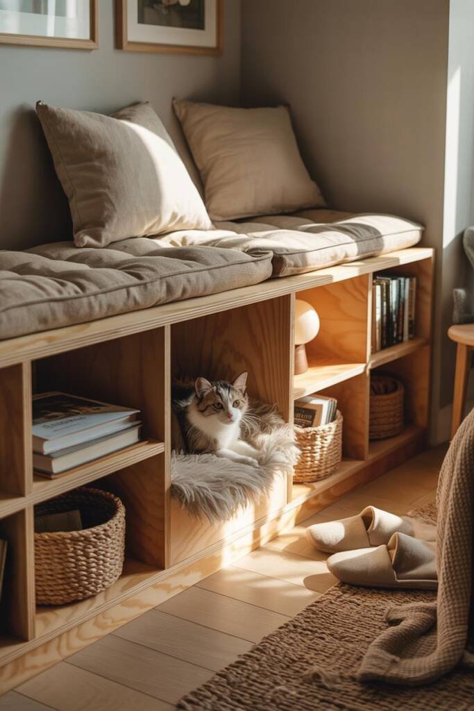 Photorealistic vertical 2:3; low, long bookcase topped with a tufted bench cushion; books and baskets in side cubbies; center
