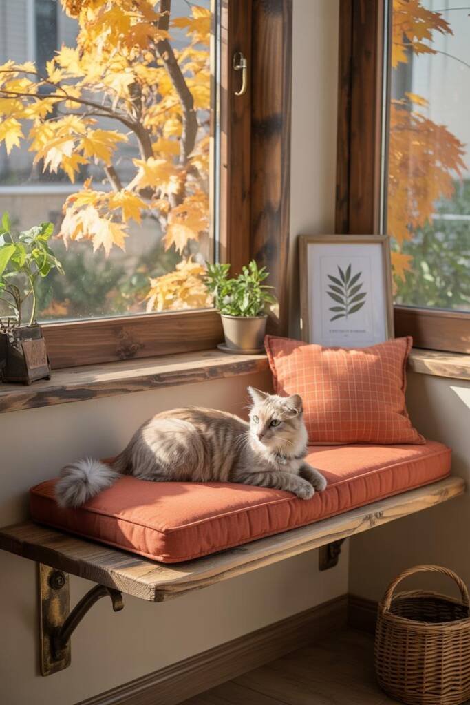 Pinterest vertical 1000x1500; wall-mounted shelf/bench at 18–20 inches with pumpkin-spice plaid washable cushion; golden leav