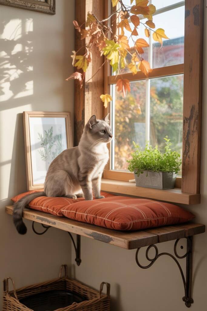 Pinterest vertical 1000x1500; wall-mounted shelf/bench at 18–20 inches with pumpkin-spice plaid washable cushion; golden leav