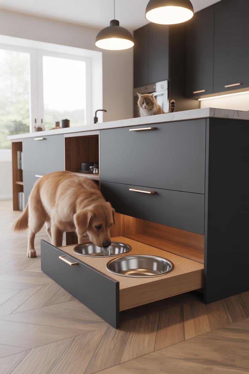 Modern kitchen island in quartz and rift-cut oak with a low pull-out drawer at pet height (about 8 inches above floor), fitte