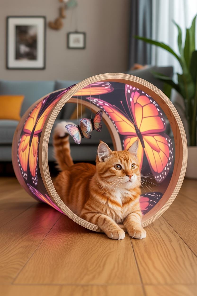 Shimmering tunnel hideout with fabric patterned like surreal butterfly wings; iridescent mobile butterflies hanging at the en