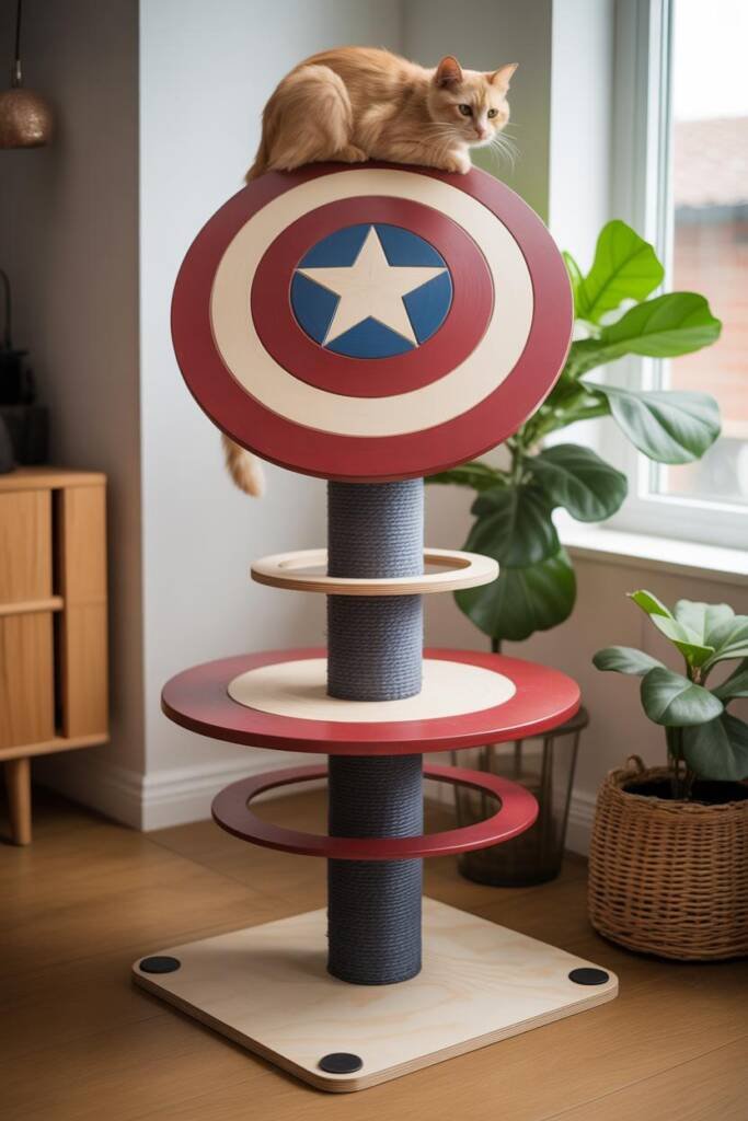 Vertical 2:3 photorealistic image of stacked circular platforms forming a stylized shield. Top perch has a star-shaped cutout