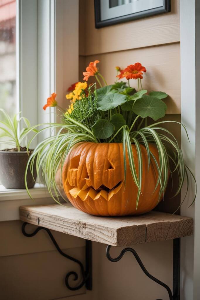 A carved pumpkin filled with blooming mums and greenery, set in a heavy ceramic pot on a porch, safe from pets pet-friendly p