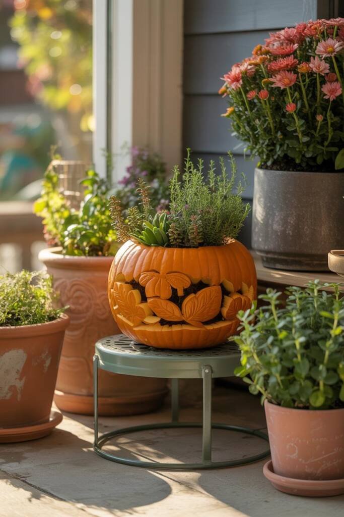A carved pumpkin filled with blooming mums and greenery, set in a heavy ceramic pot on a porch, safe from pets pet-friendly p