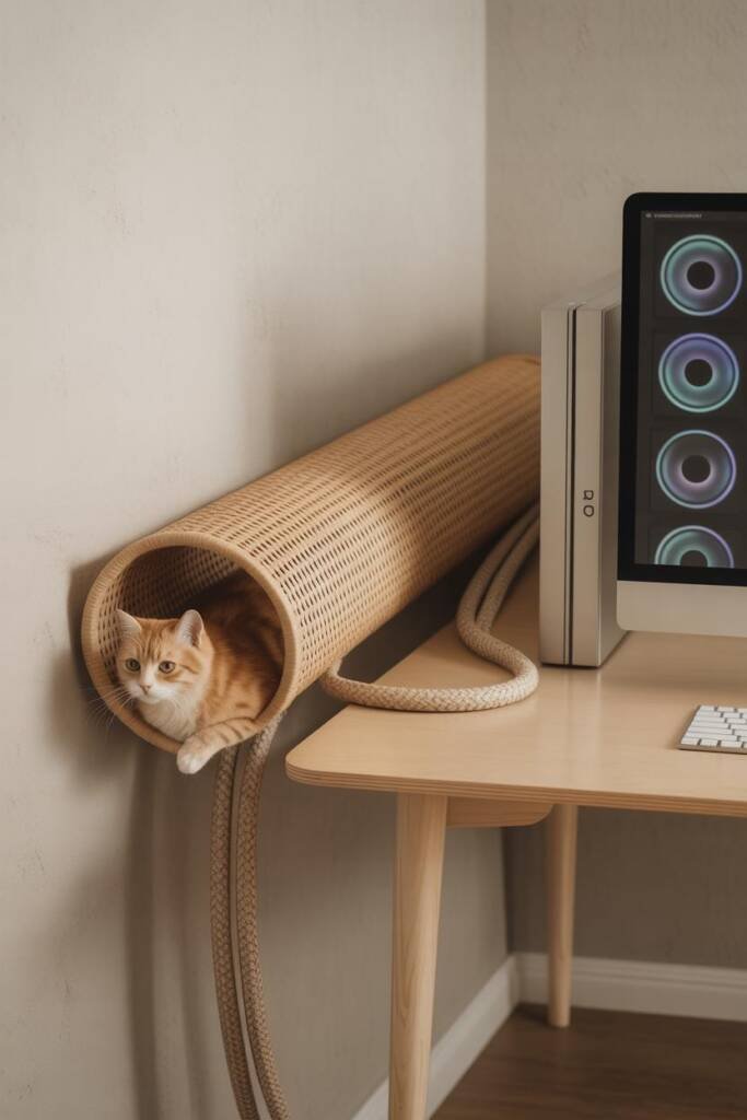 Photorealistic 3:4 scene behind a desk where a low-profile fabric cat tunnel runs along the wall concealing cables; soft inte