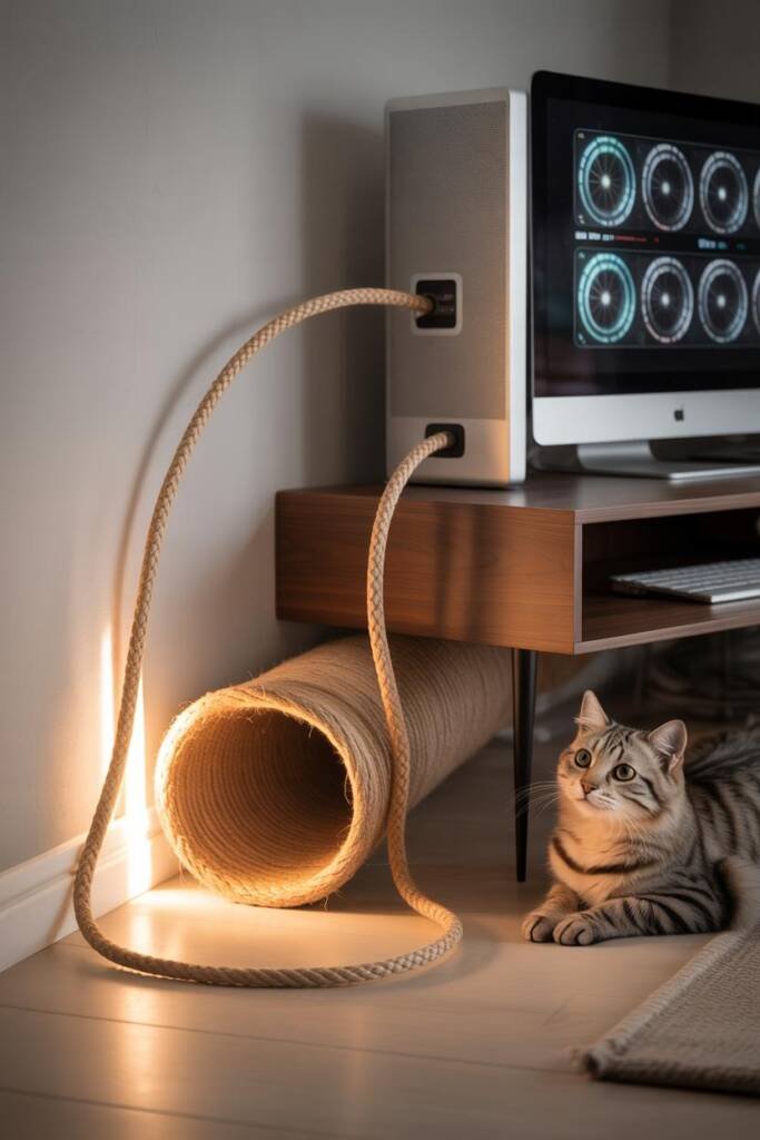 Photorealistic 3:4 scene behind a desk where a low-profile fabric cat tunnel runs along the wall concealing cables; soft inte