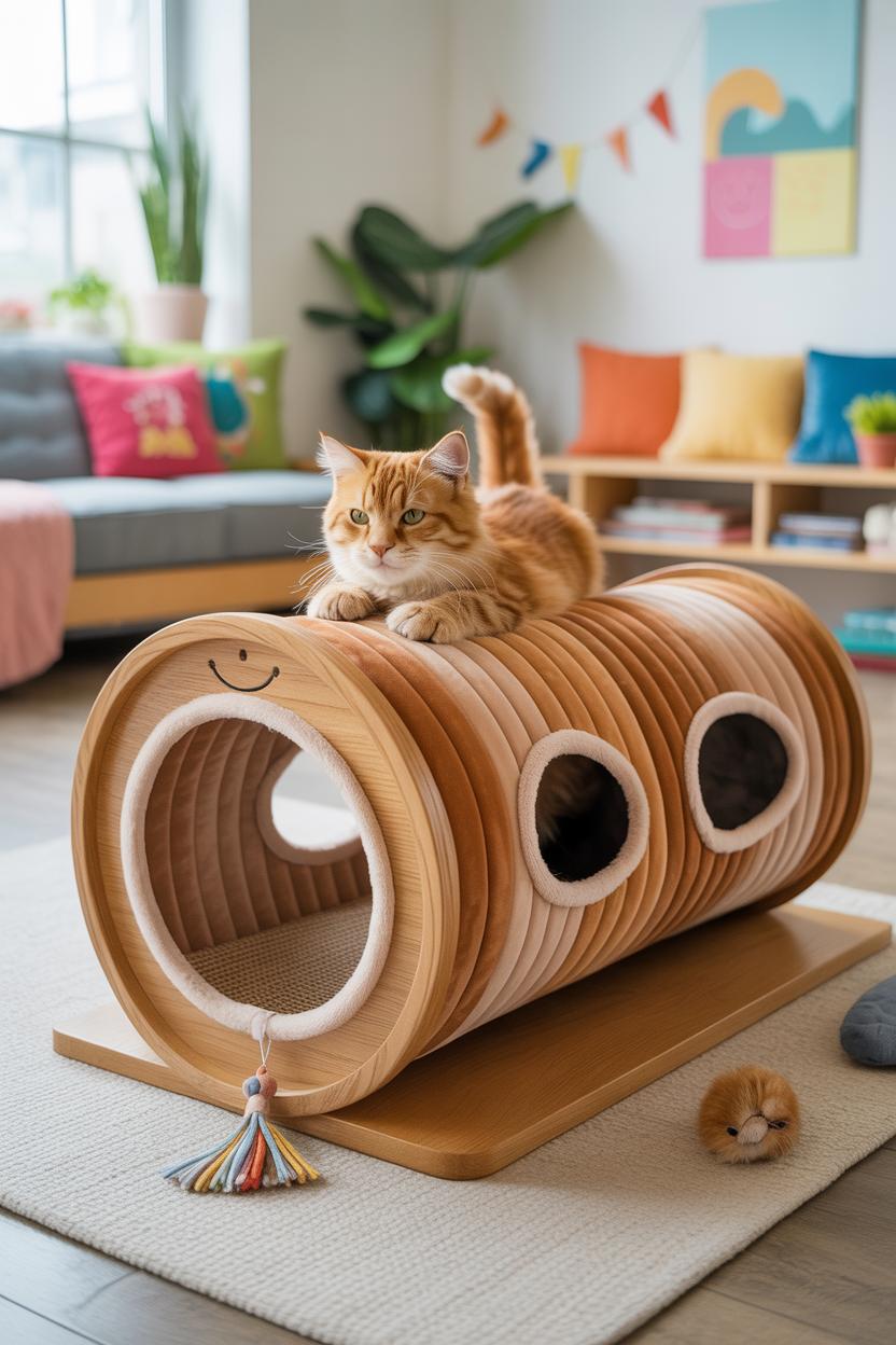 Photoreal cylindrical cat tunnel set on a low platform: soft striped plush in warm tan and chocolate, oval peek-through windo