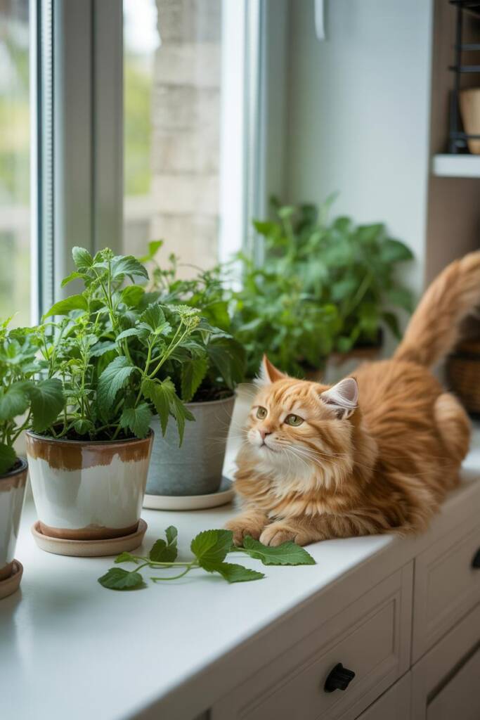 Cat playing joyfully with fresh catnip leaves in the garden. herbs that are safe catnip for cats