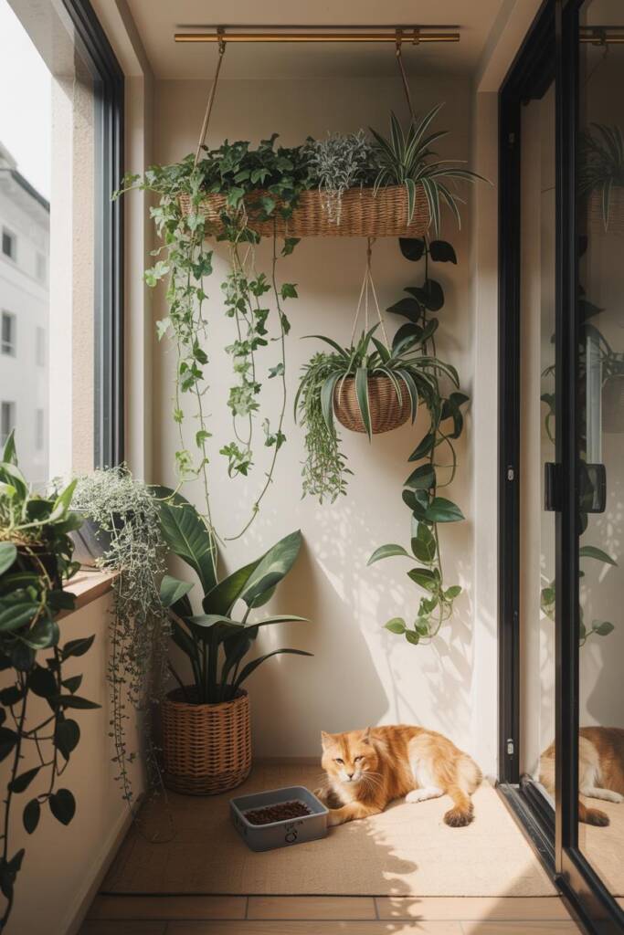 Vertical 2:3 interior with a wall-to-wall plant rod and staggered hanging planters; trailing pothos and philodendron cascade