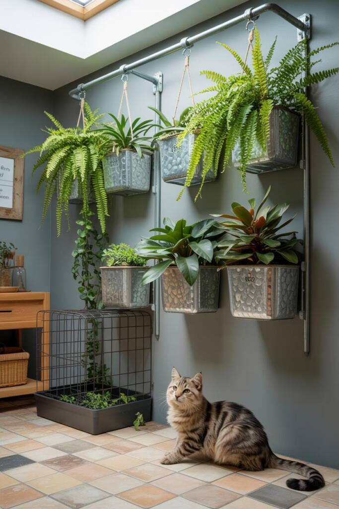 Vertical 2:3 interior with a wall-to-wall plant rod and staggered hanging planters; trailing pothos and philodendron cascade