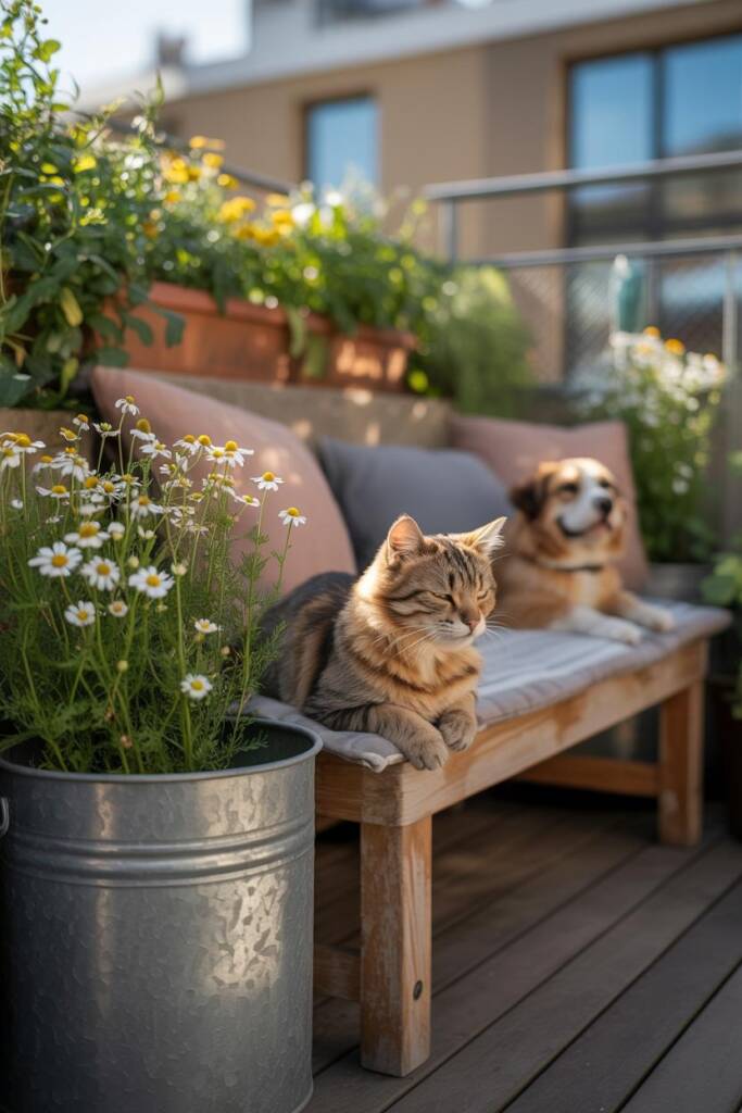 Beautiful chamomile flowers with a happy cat and dog relaxing beside fresh blooms. herbs that are safe chamomile for cats