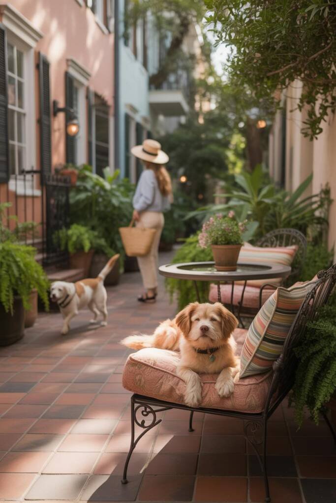 Stroll along Rainbow Row: small dog in classy harness, pastel townhomes, soft morning light, owner with straw hat and tote; r