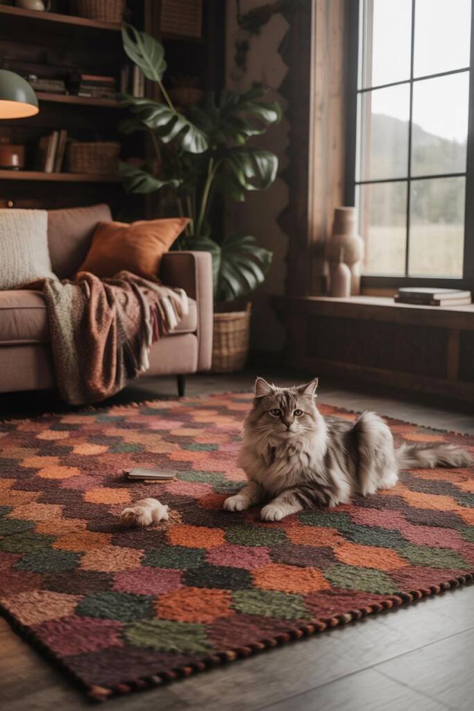 Pinterest vertical 1000x1500; living room with flatweave kilim-style rug in rust, moss, clove, espresso; subtle heathered pat