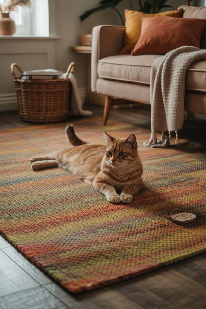 Pinterest vertical 1000x1500; living room with flatweave kilim-style rug in rust, moss, clove, espresso; subtle heathered pat