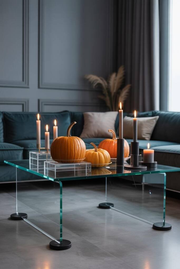 A modern coffee table with pumpkins elevated on clear acrylic risers, surrounded by cozy fall candles, dog tail-safe pet-frie