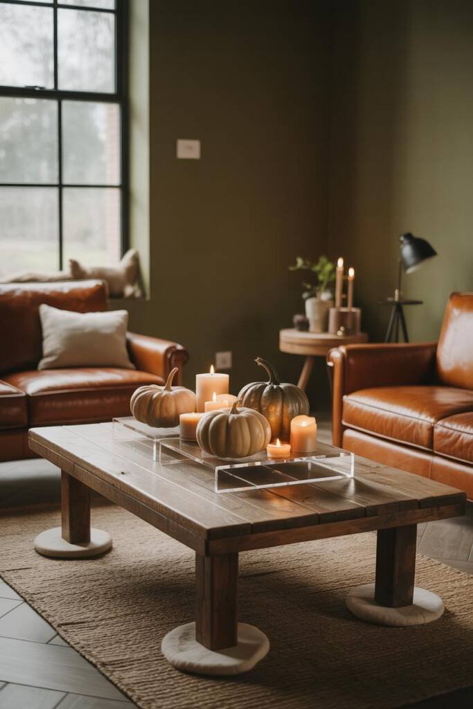 A modern coffee table with pumpkins elevated on clear acrylic risers, surrounded by cozy fall candles, dog tail-safe pet-frie