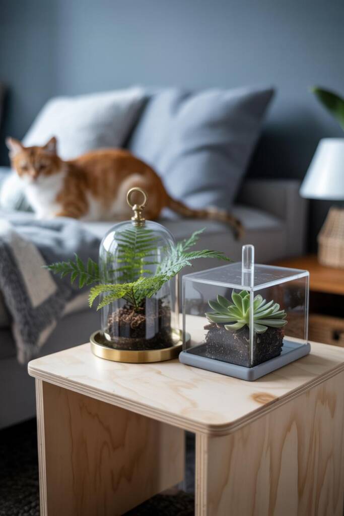 Vertical 2:3 tabletop vignette of a small fern under a glass cloche; nearby, a DIY clear acrylic cube cover over a succulent;
